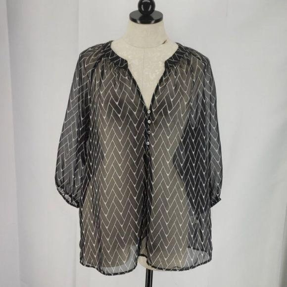 Anthropologie Zoa New York  Black‎ & White Geometric Chevron Sheer Blouse Medium - Picture 3 of 8